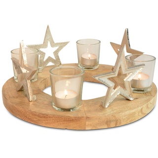 Adventskranz aus Holz | mit Teelichtgläsern und Sternen | Adventskerzenhalter Mangoholz Natur 30x12 cm