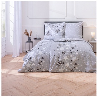 MTOnlinehandel Bettwäsche Sterne 135x200 + 80x80 cm, 100 % Baumwolle, Biber, 2 teilig, Kinderbettwäsche mit vielen Sternen und Sternchen in grau & weiß grau