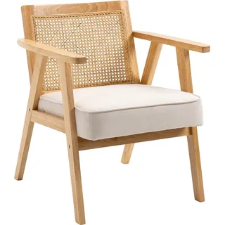 HOMCOM Sessel Wohnzimmer Relaxsessel mit Armlehnen, Sitzkissen, Loungesessel mit Rattan-Rückenlehne, Lesesessel mit Leinen-Optik, Holzrahmen, Polstersessel für Schlafzimmer Creme   Aosom