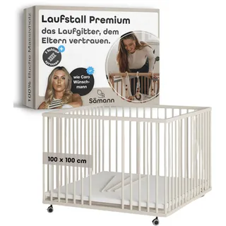 Sämann Laufstall Baby mit 3 Schlupfsprossen | TÜV geprüft | stufenlos höhenverstellbar | Laufgitter Premium | Babybett aus Holz | Krabbelgitter (sahara dust, 100x100 cm)