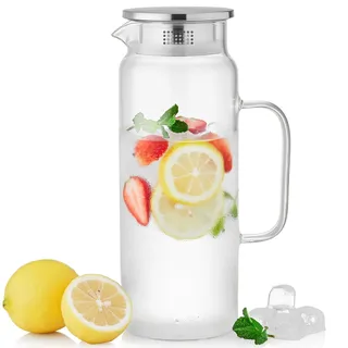 MESNEY Glaskaraffe 1,5 l, hitzebeständiges Borosilikatglas, mit Deckel und Ausguss, ideal für Tee und kalte oder heiße Getränke