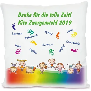 Unikatolo Kita Abschiedsgeschenk, Kissen mit Namen personalisiert, Regenbogen, Kindergarten Abschied Erzieherin Tagesmutter Dankeschön Kindergärtnerin (Hände & Füße)