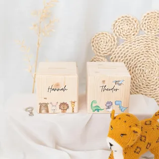 wunderwunsch Personalisierte Kinderspardose, Spardose, Dinos | Holzspardose Kinder personalisiert, Taufgeschenke für Kind, Baby Geschenk Geburt, Holz Sparschwein