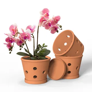 Orchideentöpfe aus Terrakotta, 15,2 cm, Orchideentopf mit Löchern und Untersetzern, 3 Stück, Ton-Orchideen-Pflanztöpfe zum Umtopfen, Terrakotta-Topf, großer Bulk-Blumentopf für drinnen und draußen,