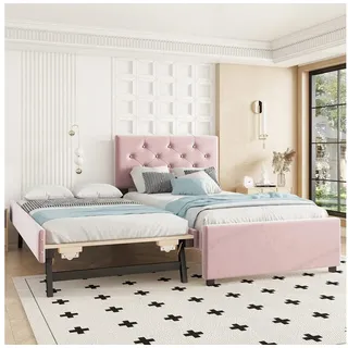 IDEASY Polsterbett 90 x 200 cm mit Klappbett, ausziehbar zum Doppelbett (Bettgestell mit Lattenrost, Kopfteil und Rollcontainer), Minimalistisch, Samt, Ohne Matratze rosa