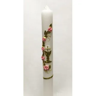 Taufkerze Kommunionkerze K-7 Gold/Rosa inkl. Tropfschutz und Beschriftung KW-JO-K07