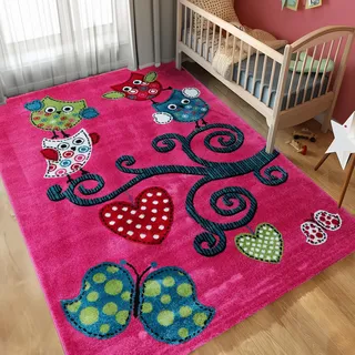 Carpettex Kinderteppich Eule-Design Violett 140 x 200 cm - Kurzflor Teppich Kinderzimmer für Mädchen und Jungen Pflegeleicht Weich - Waschbarer Spielteppich Babyteppich Gaming Teppich Babyzimmer