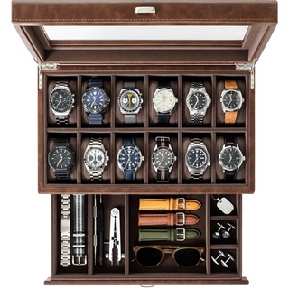 TAWBURY Uhrenbox 12 uhren – Uhren Box für Herren mit 12 Fächern | Uhrenbox Braun | Uhrenkasten für Herren | Schmuckkästchen Herren für Uhren | Watch Box for Men (Braun)