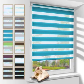 Zarnan Doppelrollo Klemmfix ohne Bohren Türkis 100x130cm(Stoffbreite 96cm) Duo Rollo Blickdicht Zebrarollo Rollos für Fenster ohne Bohren für Wohnzimmer Küche Büro lichtdurchlässig und verdunkelnd