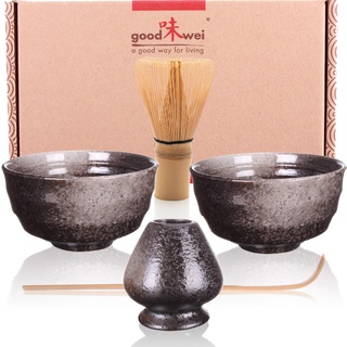 Goodwei Matcha-Set Duo mit Zwei Schalen und Besenhalter (Goma), Keramik, 2X 180 ml