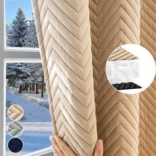1x Thermovorhang Kälteschutz Thermo Vorhang Kräuselband Blickdicht Gardinen 100% Verdunkelung Vorhänge Verdunkelungsvorhang, 140*175cm, Beige - Beige