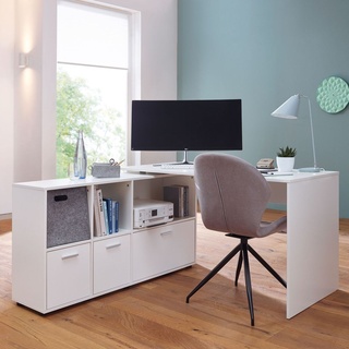 FineBuy Schreibtischkombination 136 cm Weiß Schreibtisch mit Sideboard, Winkelschreibtisch Home Office, Tisch Büro Modern