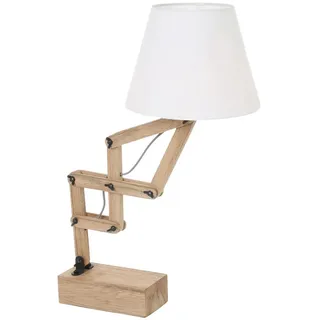 Tischlampe Holzleuchte Weiß Beistelllampe Landhaus Nachttischleuchte Rustikal, Bewegliche Gelenke Leselampe Textilschirm, 1x E27 Fassung, Dxh 25x83 Cm