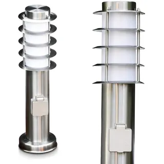 Wegeleuchte Tunes mit Steckdose, kleine Stehlampe aus Edelstahl mit Schuko Stecker, ideal als Gartenleuchte, schönes Design, Sockelleuchte, E27-Fassung, mit Schutzabdeckungen, ohne Leuchtmittel