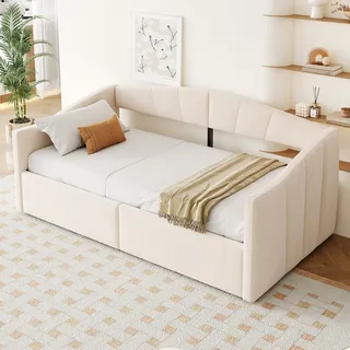 Tagesbett Einzelbett Mit Bettkasten, Mit Hydraulik, Rückenlehne Und Armlehnen, 200×90 Cm, Ohne Matratze, Aus Samt, Beige