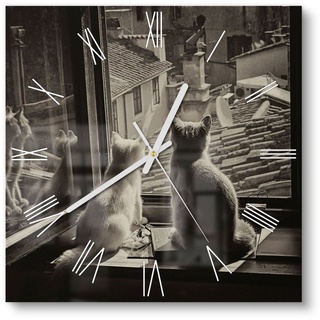 DEQORI Wanduhr 'Katzen auf Fensterbrett' (Glas Glasuhr modern Wand Uhr Design Küchenuhr) schwarz|weiß 30 cm x 30 cm