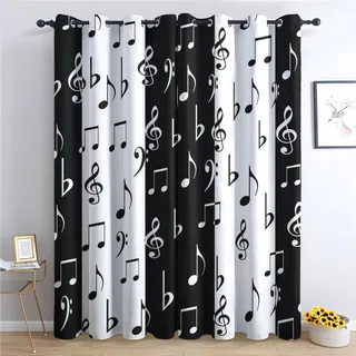 THYUNQ Vorhänge Schwarz Weiß Musik Motiv, Vorhang Blickdicht Verdunklungsvorhänge mit Ösen - Gardinen Wohnzimmer Schlafzimmer Fenster, 2er Set Curtains, H 166 x B 75 cm