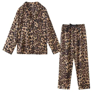 MIYAA Damen Pyjama Satin Schlafanzug Set,Ice Silk Satin Pyjama Set Revers Eleganter Druckpyjama Langarm Pyjama Set Damen Button Down Nachtwäsche Nachtwäsche Loungewear