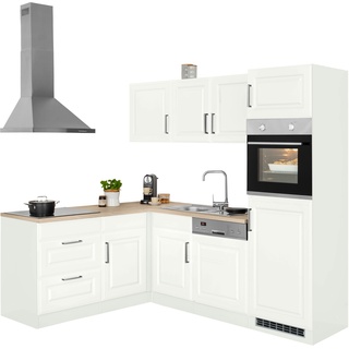 Winkelküche HELD MÖBEL "Stockholm" Arbeitsmöbel-Sets Gr. B: 230 cm, Induktionskochfeld, weiß (weiß, weiß) L-Küche L-Küchen mit Elektrogeräte Stellbreite 230170 cm, hochwertigen MDF Fronten im Landhaus-Stil