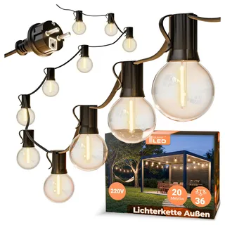 Lichterkette Außen Outdoor LED Strom,20M Außenbeleuchtung E27 mit Stecker, 36 Glühbirnen, IP65 Wasserdicht Wetterfest Lichterkette Glühbirnen für Garten Terrasse Party Weihnachten, Warmweiß
