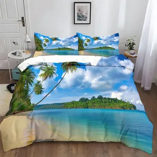 XCQHZYQ Bettwäsche 3 teilig 135x200 cm Tropischer Strand, Meer Und Palmen Bettwäsche Set für Allergiker geeignet, Bettbezügen + Kissenbezügen 80x80, Polyester Baumwolle Bügelfrei