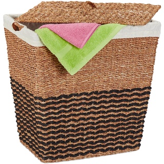Relaxdays Wäschekorb mit Deckel, aus Seegras, Baumwoll-Wäschesack 87L, HxBxT: 50x50x40 cm, Wäschebehälter, Natur/beige