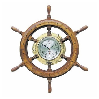 Linoows Uhr Marine Wanduhr, Große Bullaugen Uhr im Steuerrad aus Messing und Holz bunt|goldfarben