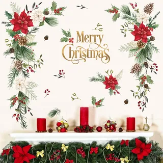 wondever Wandtattoo Weihnachten Blumen Blätter Party Fenster Weihnachtsdeko | Abziehen und Aufkleben, Repositionierbar, Wanddeko Weihnachten Selbstklebend für Weihnachtsfeier Wohnzimmer Winter Deko