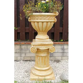 Casa Padrino Barock Blumentopf mit Säule Beige Ø 48 x H. 99 cm - Prunkvoller Pflanzentopf mit Gartensäule im Barockstil - Barock Garten Deko Accessoires