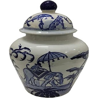 DKD Home Decor Vase, Blau, Weiß, Porzellan, indischer Elefant (20 x 20 x 36 cm)