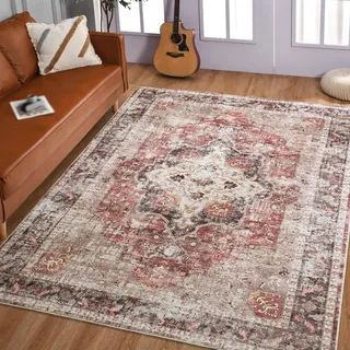 Generisch Teppich Quadratisch,Vintage Shabby Chic Muster Braun Beige, Rot, 150 x 150 cm, Kurzflor Teppiche fürs Wohnzimmer Schlafzimmer Esszimmer Küche Flur Dekoration