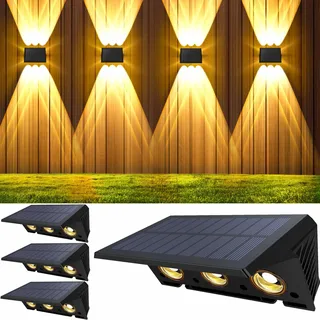 Delaiglow solarlampen für außen wand, solar wandleuchte aussen Nach Oben und Unten Beleuchtet, 6 LEDs, IP67 Wasserdichte Zaun Beleuchtung für Garten Balkon Terrasse solarleuchten Warmweiß 4er