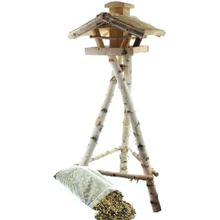 Vogelhaus Futterhaus Vogelvilla Heide aus Echtholz inklusive Ständer mit Futtersilo und Vogelfutter