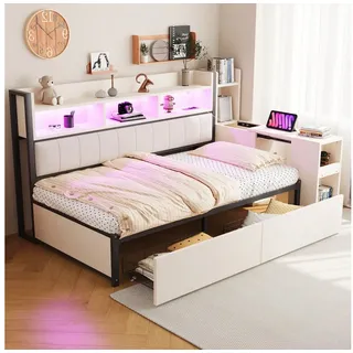 Merax Daybett mit LED-Beleuchtung, Steckdosen & großem Stauraum, Eisenbett (Sofabett Schlafsofa Jugendbett Kinderbett Einzelbett Metallbett, 1 tlg), Tagesbett mit ausziehbarem Schreibtisch, Schubladen & Schließfächern weiß