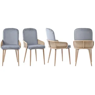 SeedWave Esszimmerstuhl Samt Esszimmerstuhl mit Rattan Armlehnen, grau Gepolsterter Sessel (2er set / 4er set), Korbstuhl für Esszimmer