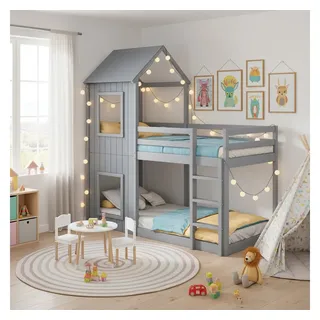 Flieks Etagenbett, Hochbett mit Treppe Hausbett Kinderbett 200x90cm Kiefer grau
