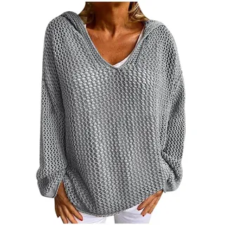 JiJiRuDU 2022 Frühling Damen Pullover, Woll Strickpullover mit Sonnenschutz Kapuze dünner locker sitzender Pullover, modischer durchbrochener Netzpullover - L