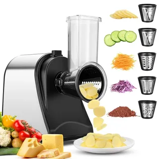 5 in 1 Elektrischer Gemüsehobel, 550W Automatische Gemüsereibe mit 5 Kegel-Klingen, Edelstahl Gemüseschneider, Multifunktionsreibe Gemüse Raspel - Silber/Schwarz