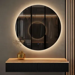Planetmöbel AMYRA Konsolentisch 100 cm in Gold Eiche / Schwarz mit LED Spiegel NOVA 80 cm - Schwarz