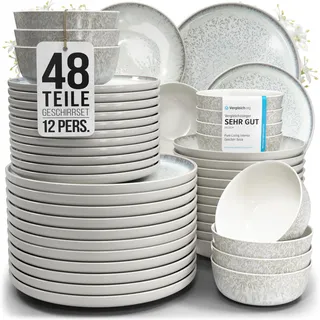 Steingut Geschirrset 12 Personen Ibiza 48 tlg. TESTSIEGER, Traumhaftes Mediterranes Steingut Geschirr Set, Schüssel- und Teller Set, Tafelservice 12 Personen, Geschirrsets Pure Living in Beige