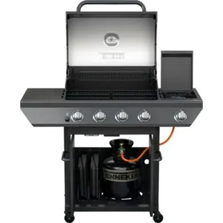 Hybridgrill TENNEKER Graphite Dual mit 4 Brenner + Seitenbrenner, Dual-Fuel-Technologie für Gas und Holzkohle, LED-Knopf - Silber