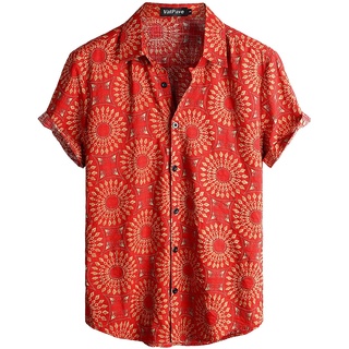 VATPAVE Herren Hawaii Hemd Männer Kurzarm Sommer Freizeithemd Casual Strand Blumen Hawaiihemd XX-Large Rot Gelb