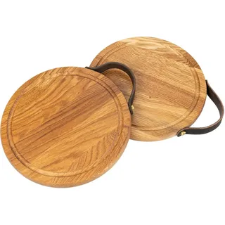 Holz Frank Schneidebrett Rundes Schneidebrett aus Eichenholz für Pizza, 25 cm mit Ledergriff, Holz, (1-St) beige