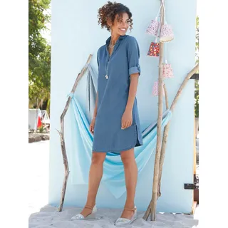 Jeanskleid CASUAL LOOKS "Jeans-Kleid", Damen, Gr. 36, Normalgrößen, blau (blau, bleached), 100% Baumwolle, unifarben, kurz, V-Ausschnitt, 3/4-Ärmel, Kleider, Topseller