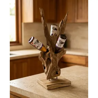 Kinaree Teak Wurzelholz Flaschenständer – Handgefertigtes Holz Weinregal – Natur Deko Skulptur – Unikat Flaschenhalter 75–85 cm – Massives Root Wood Display (L)