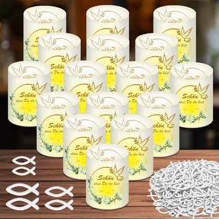16 Windlicht Tischdeko Taufe mit 60 Holzfischen in 3 Größen, Taufdeko Junge Mädchen Deko Eukalyptus Grün, Taufgeschenke, Geeignet für Teelichter oder Kerzen, Plastik Material