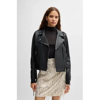 Lederjacke BOSS ORANGE "C_Sameli", Damen, Gr. 44, schwarz (schwarz_001), Obermaterial: 100% Lammleder, unifarben, casual, regular fit hüftlang, V-Ausschnitt, Langarm eng ohne Bündchen, Jacken, mit Ziergürtel