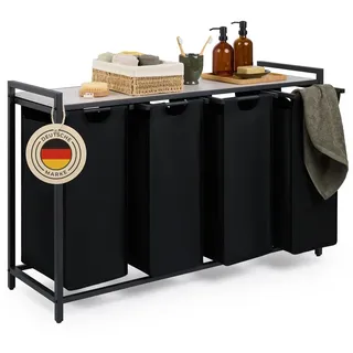 Blumtal Wäschesammler 4 Fächer Schwarz - Wäschekorb mit Ablage in Beton-Optik - Wäscheschrank mit Metall-Rahmen in Schwarz - Wäschekorb mit Beinen - Wäschesortierer 4 Fächer - Wäschetrenner Wäsche