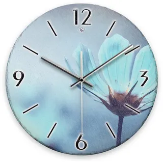 Kreative Feder Wanduhr Wanduhr „Blaue Blüten“ aus Stein (Keramik) in Schiefer-Optik (ohne Ticken; Funk- oder Quarzuhrwerk; ⌀ 30cm; außergewöhnlich) blau