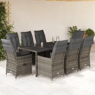 KKHOMEI Gartenmöbel Set 8 Verstellbare Hochlehner Stühlen mit Tisch Rattan Essgruppe 8 Personen Garten Sitzgruppe Terrassenmöbel Außen mit Auflagen Sitzgarnitur Grau-63